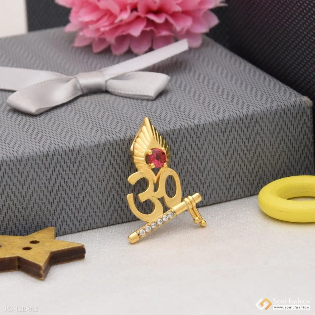 1 Gram Gold Forming Om with Diamond Dainty Design Best Quality Pendant - Style B012