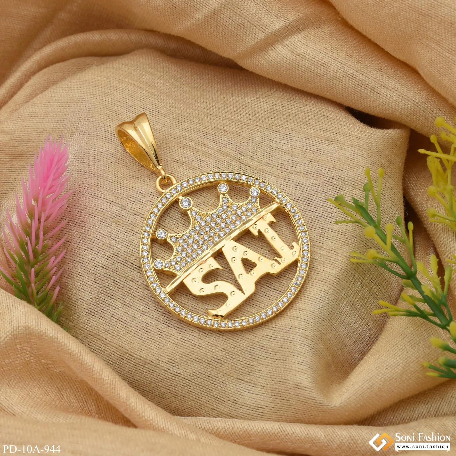 1 Gram Gold Forming Sai with Diamond Antique Design Gold Plated Pendant for Men - Style A944