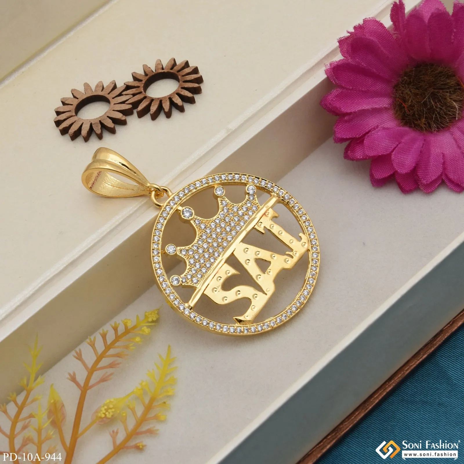 1 Gram Gold Forming Sai with Diamond Antique Design Gold Plated Pendant for Men - Style A944