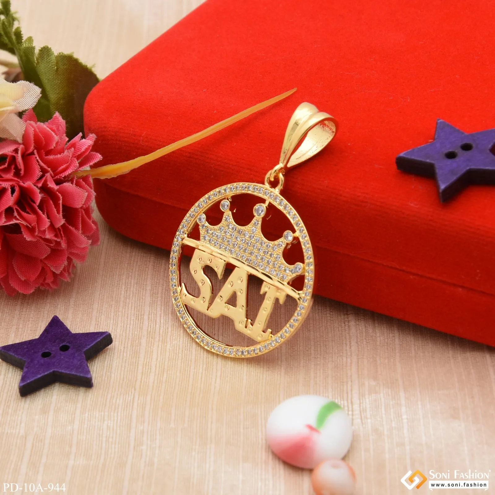 1 Gram Gold Forming Sai with Diamond Antique Design Gold Plated Pendant for Men - Style A944