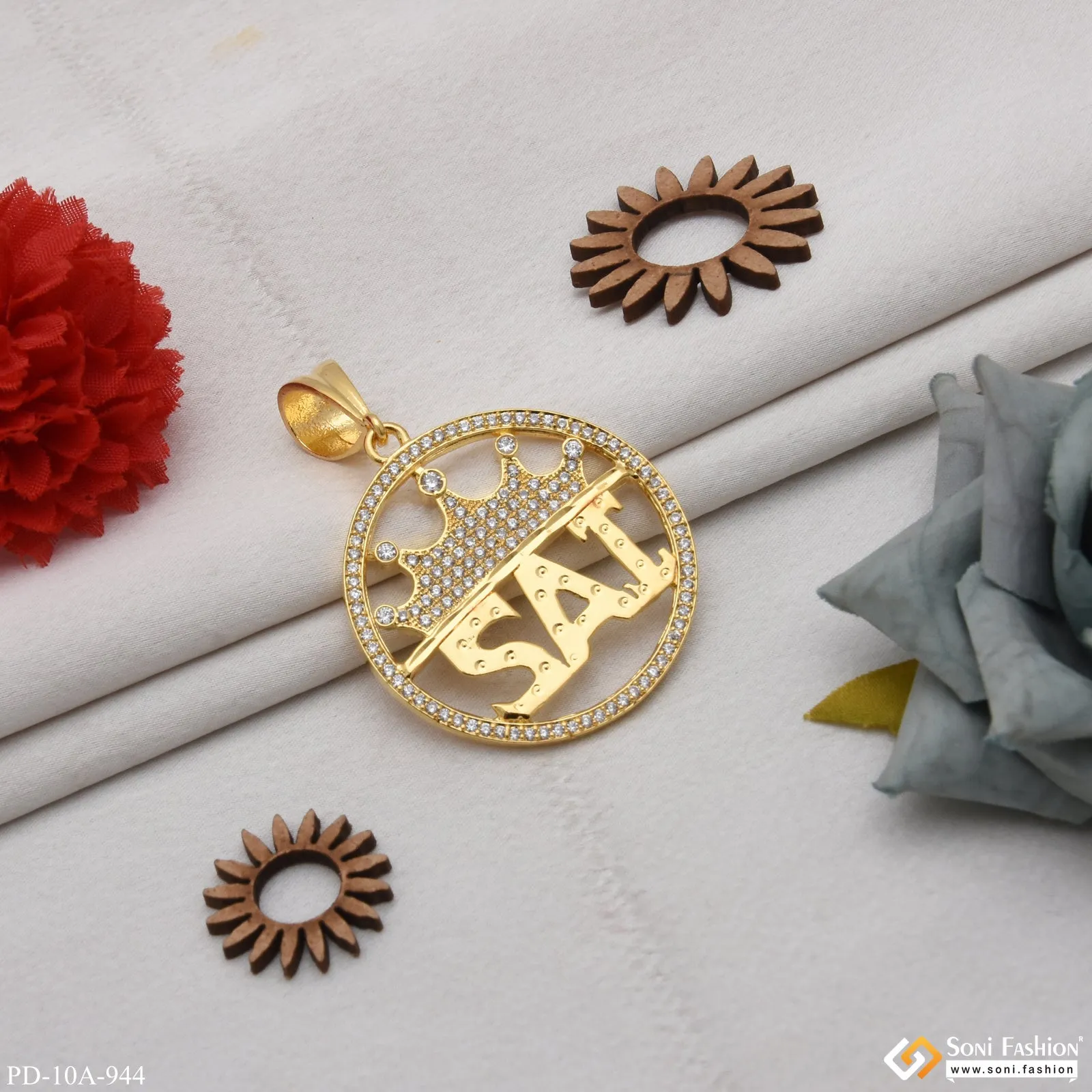 1 Gram Gold Forming Sai with Diamond Antique Design Gold Plated Pendant for Men - Style A944