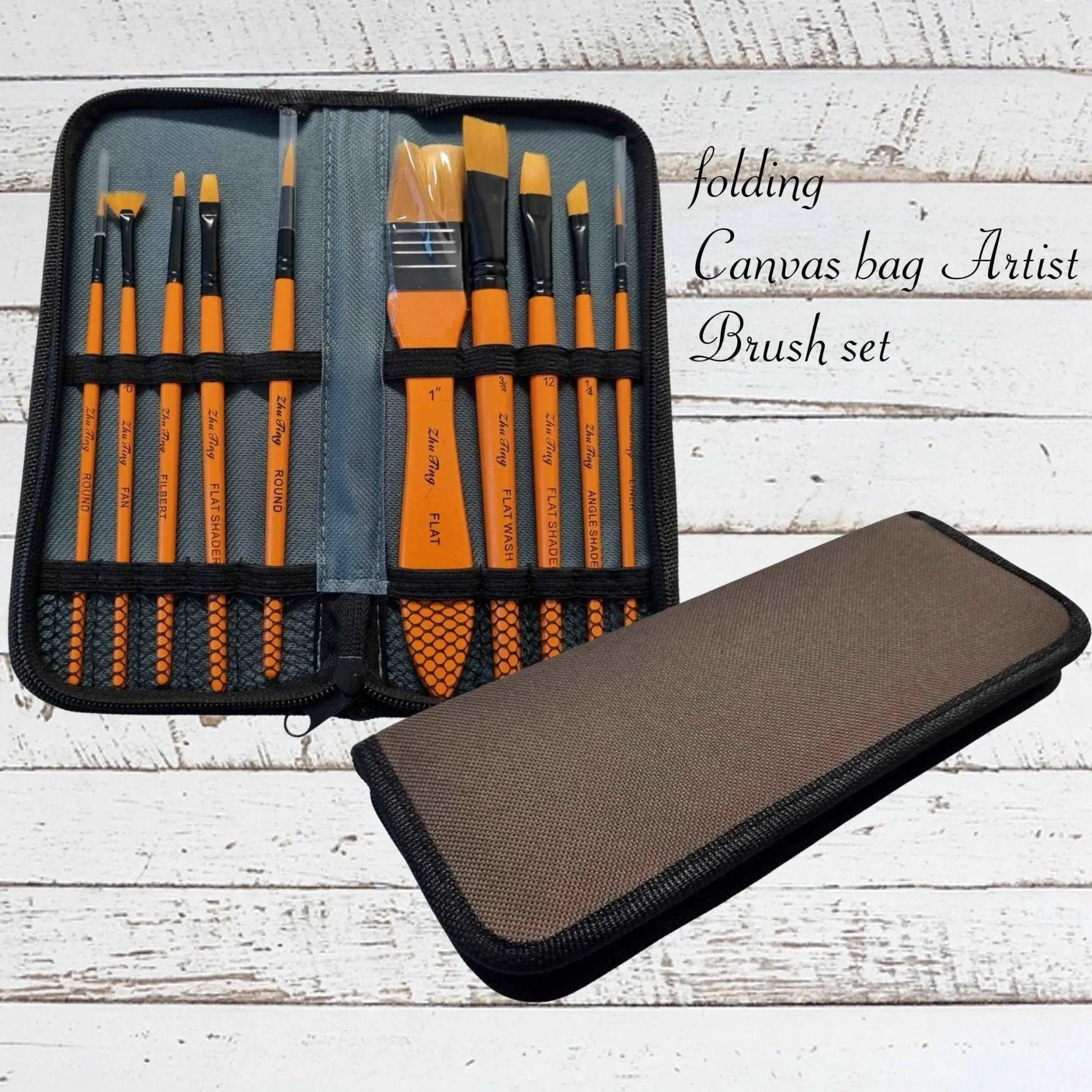 10 Piece Artist paint Brush Kit in canvas bag