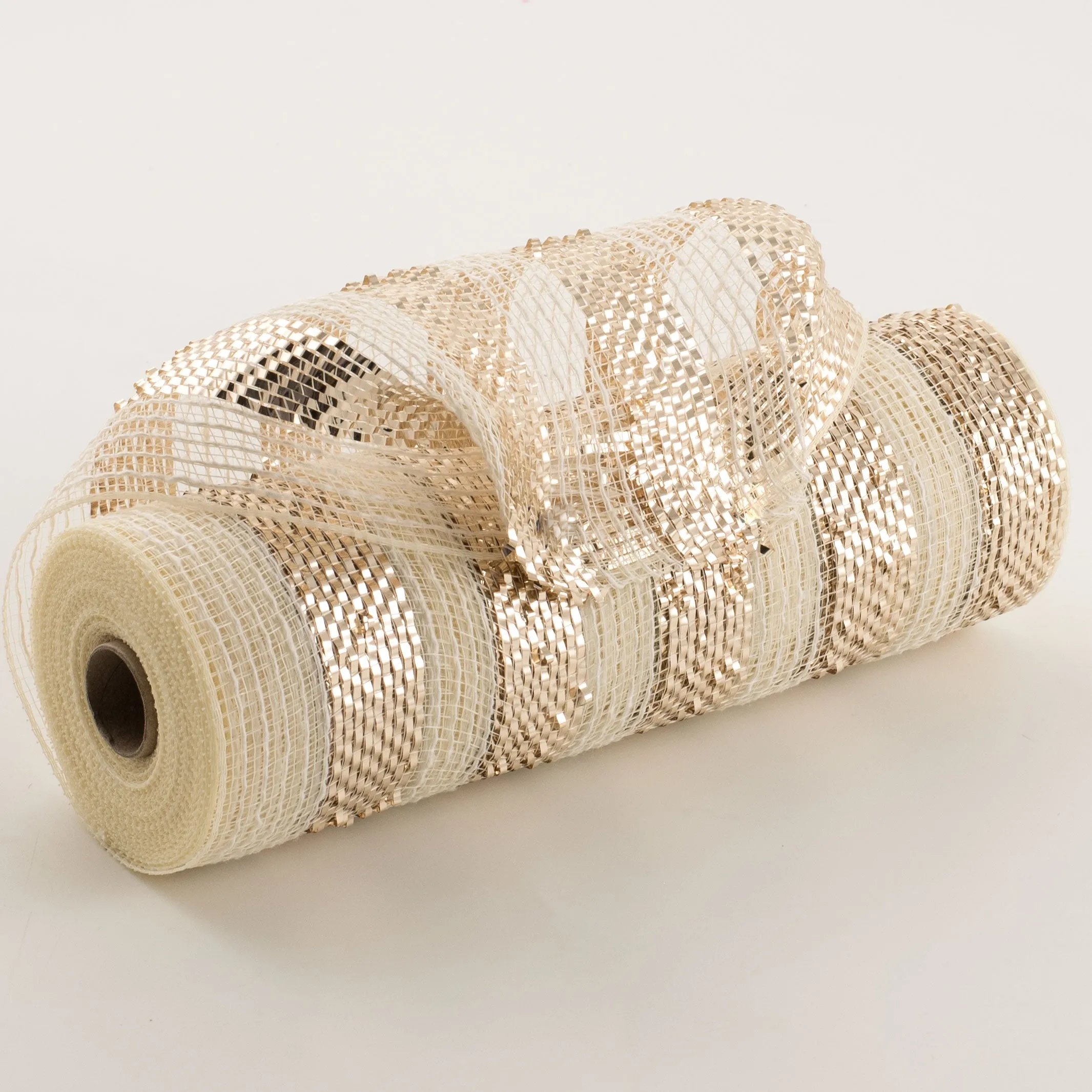 10" Burlap Deco Mesh: Cotton & Metallic Champagne Stripe