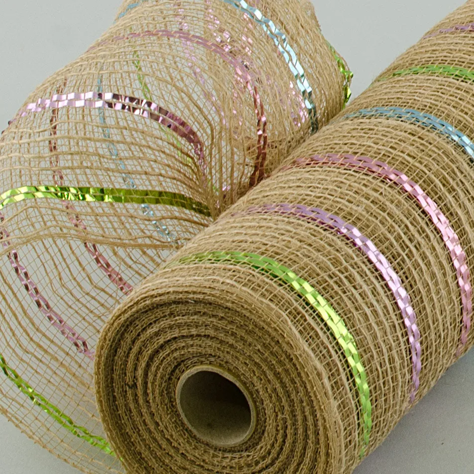 10" Burlap Deco Mesh: Natural With Metallic Pastel Stripes (10 Yards)