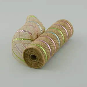 10" Burlap Deco Mesh: Natural With Metallic Pastel Stripes (10 Yards)