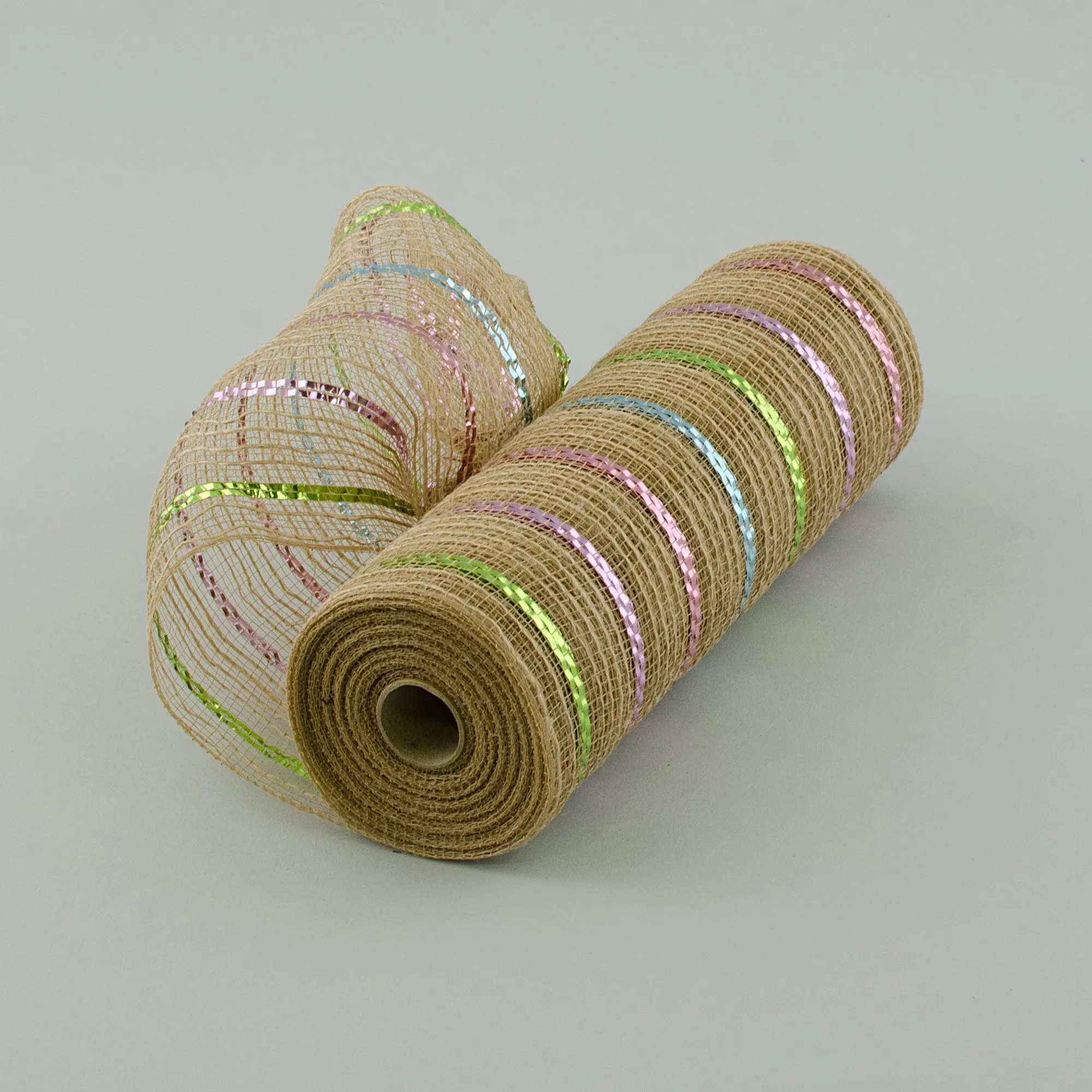 10" Burlap Deco Mesh: Natural With Metallic Pastel Stripes (10 Yards)