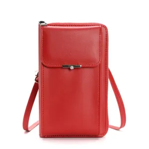 (18x11x5cm) Universal Cell Phone Leather Shoulder Bag Wallet Fashion Crossbody Bag - Red (Style 1)