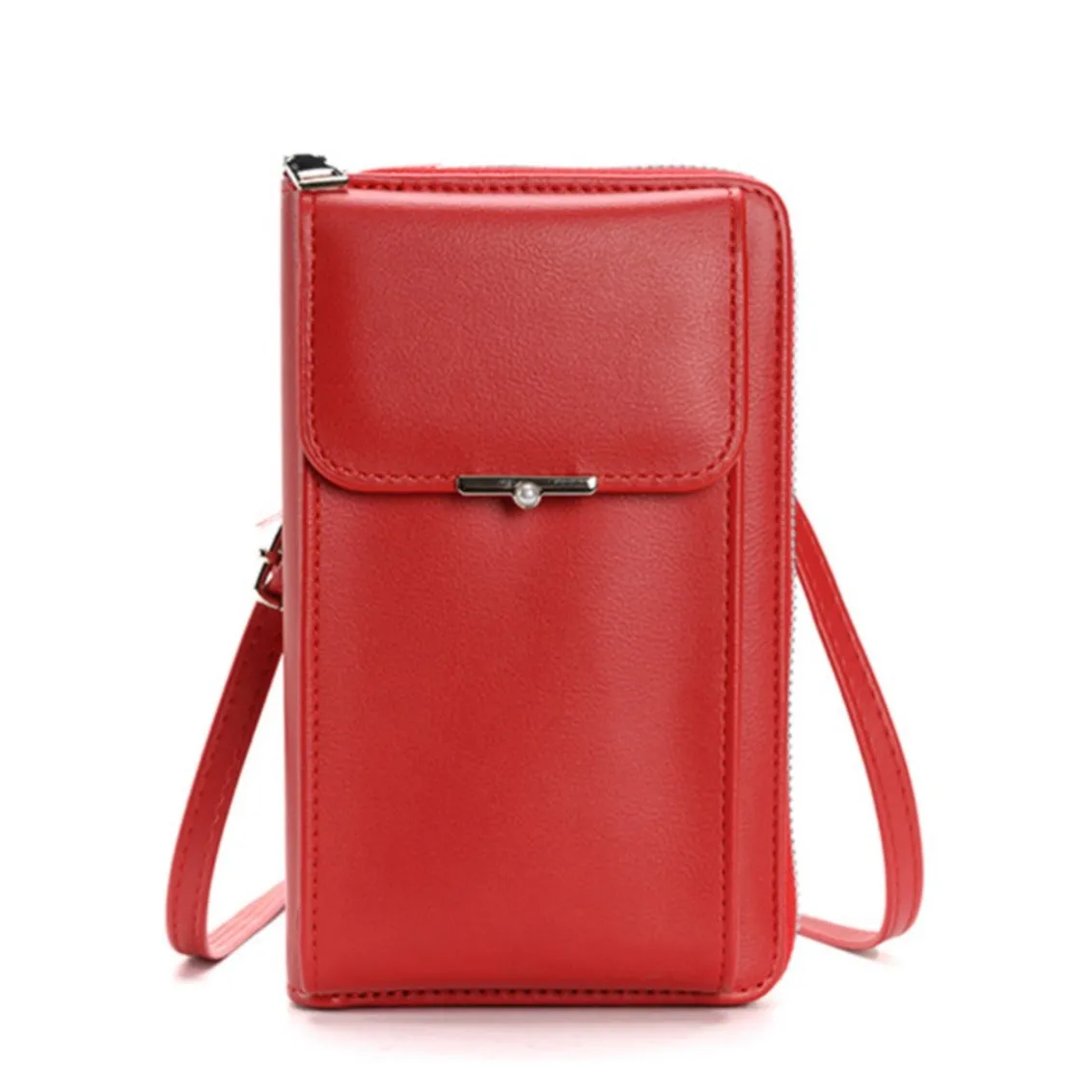 (18x11x5cm) Universal Cell Phone Leather Shoulder Bag Wallet Fashion Crossbody Bag - Red (Style 1)