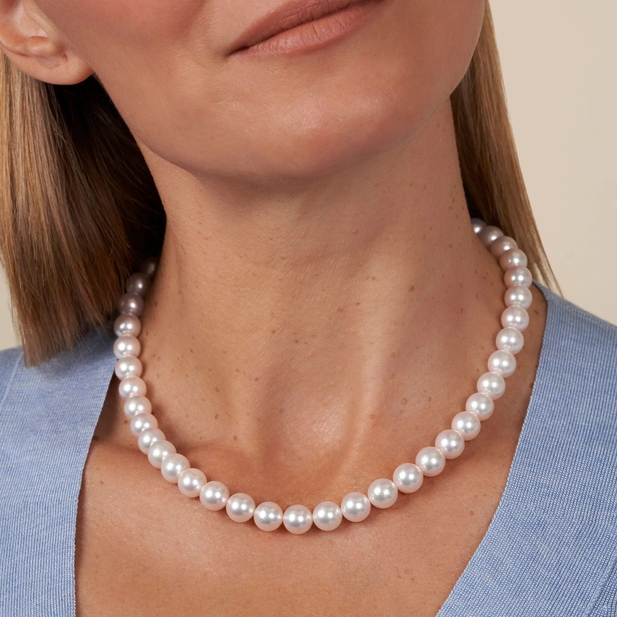 9.0-9.5 mm 18 Inch AA  Bright White Silver Tone Akoya Pearl Necklace