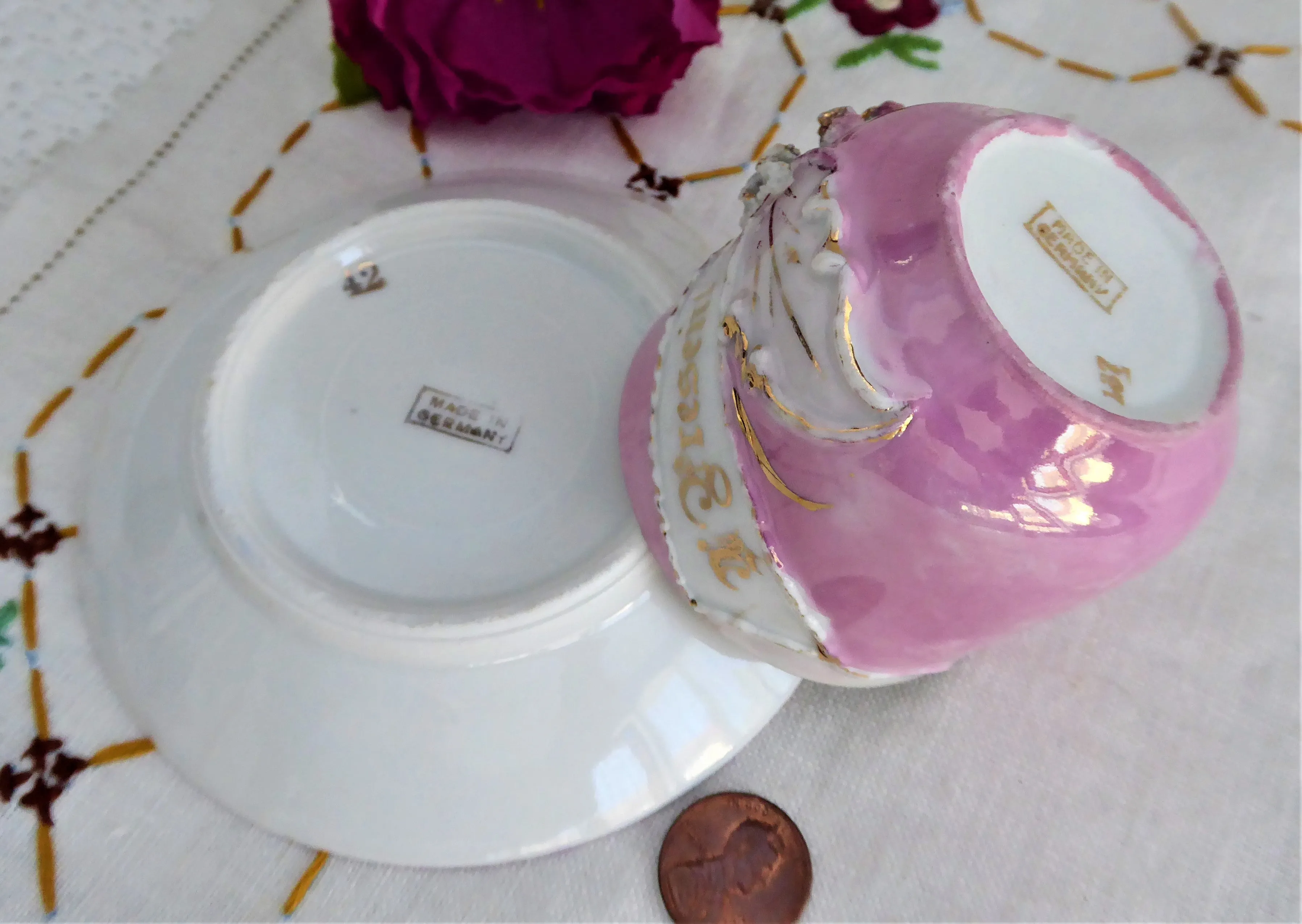 A Present Pink Luster Victorian Souvenir Cup And Saucer Raised Gold Flower 1890s Copper Luster
