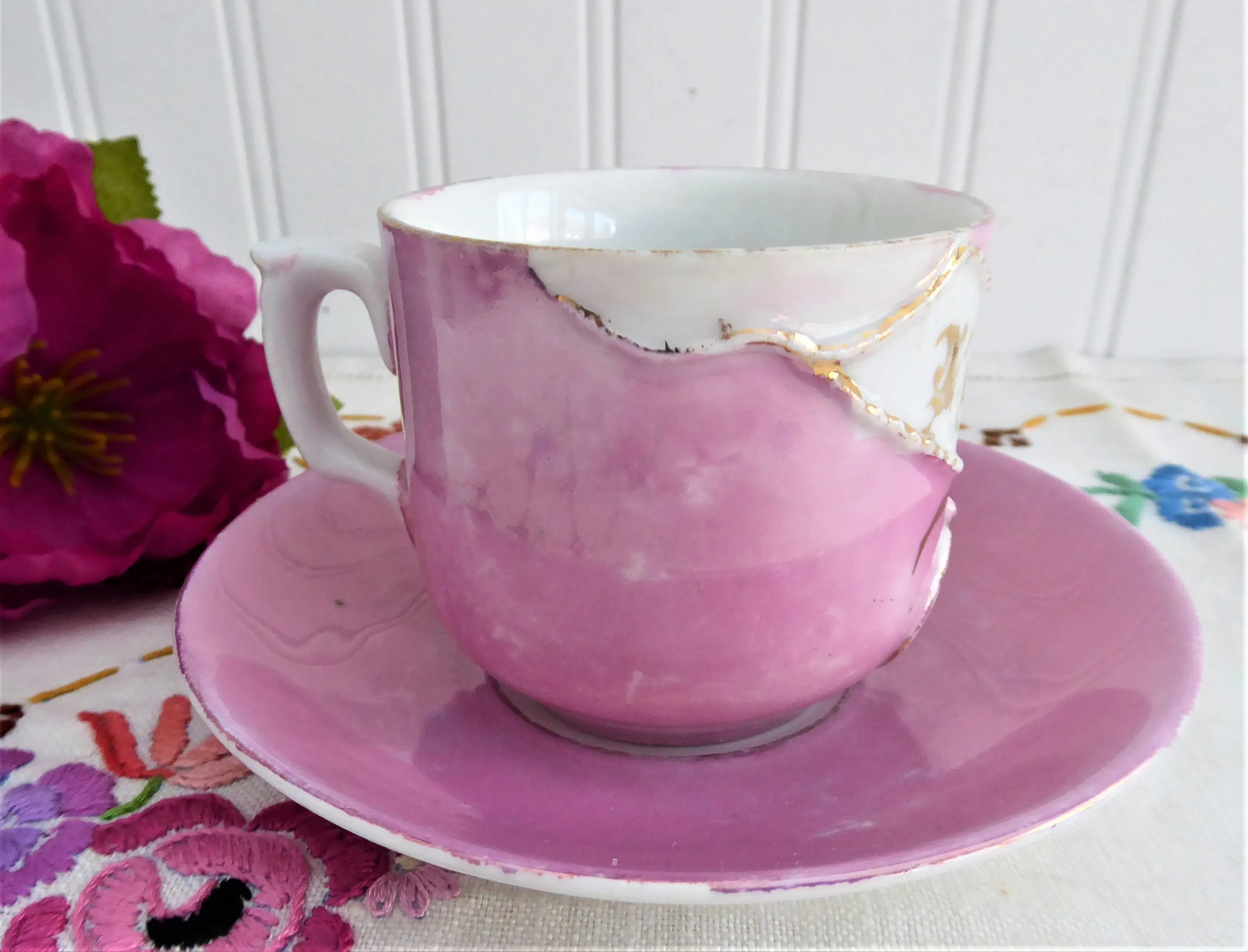 A Present Pink Luster Victorian Souvenir Cup And Saucer Raised Gold Flower 1890s Copper Luster