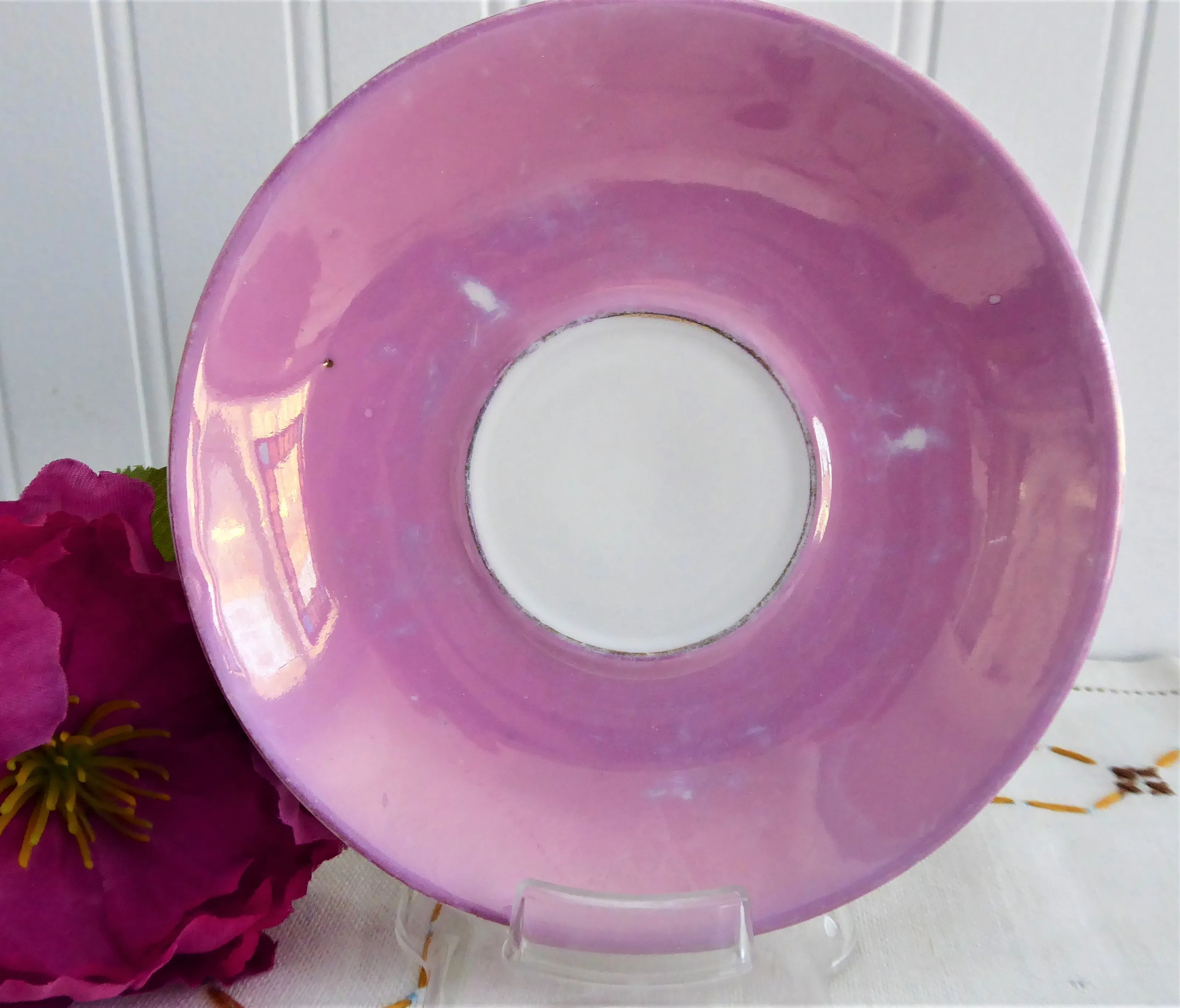 A Present Pink Luster Victorian Souvenir Cup And Saucer Raised Gold Flower 1890s Copper Luster