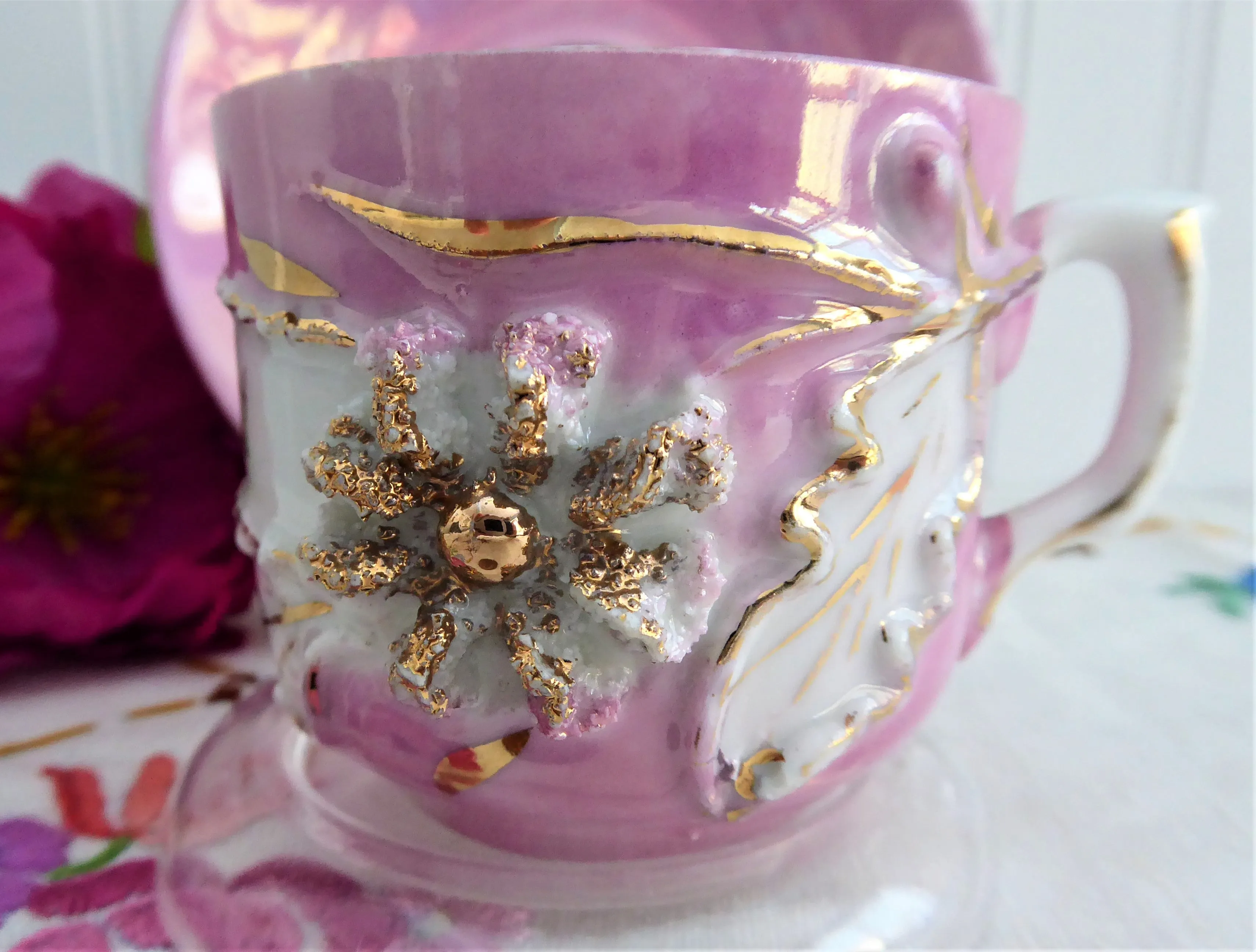 A Present Pink Luster Victorian Souvenir Cup And Saucer Raised Gold Flower 1890s Copper Luster