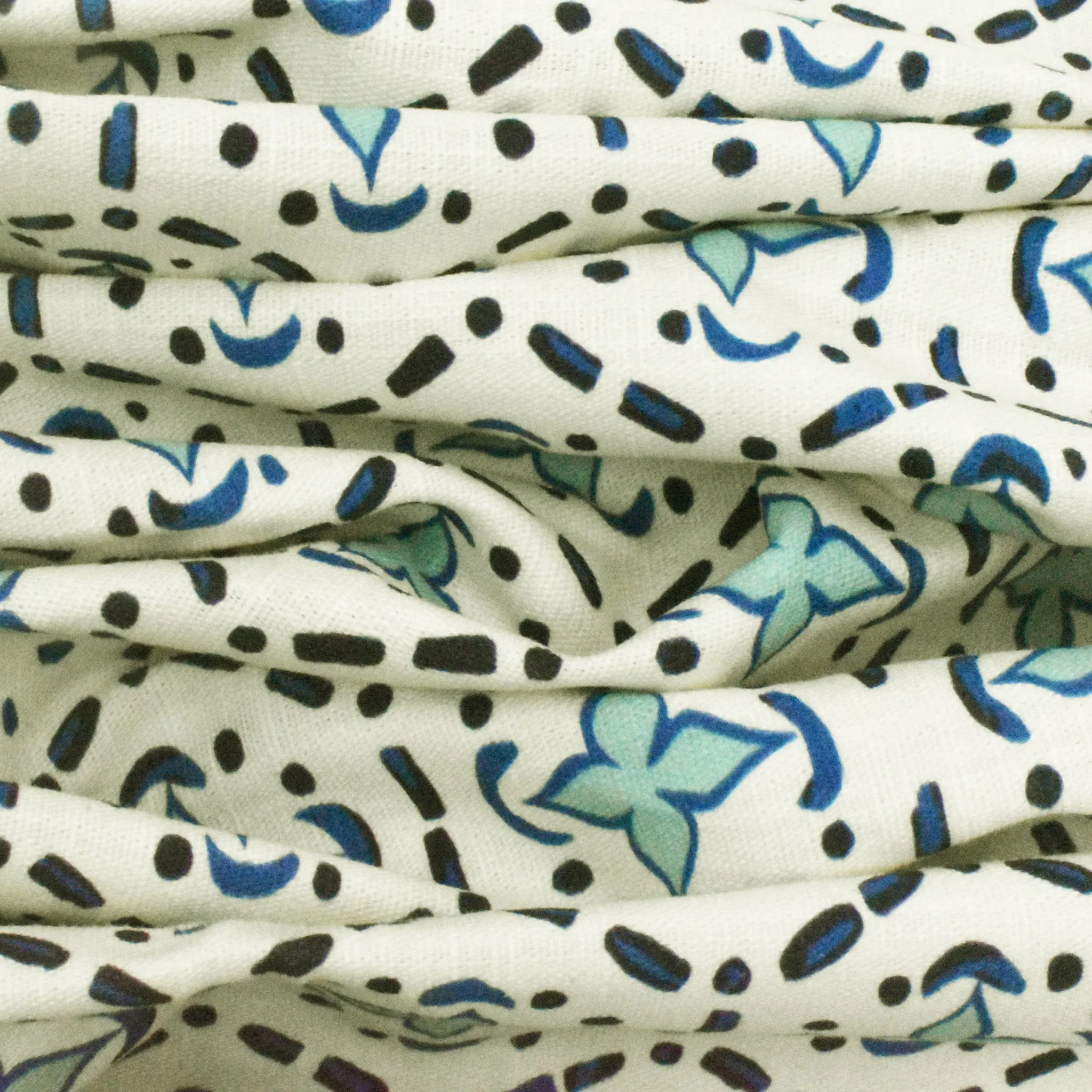 Aqua Teal-Blue Abstract Tile Printed Slub Woven Decorating Fabric