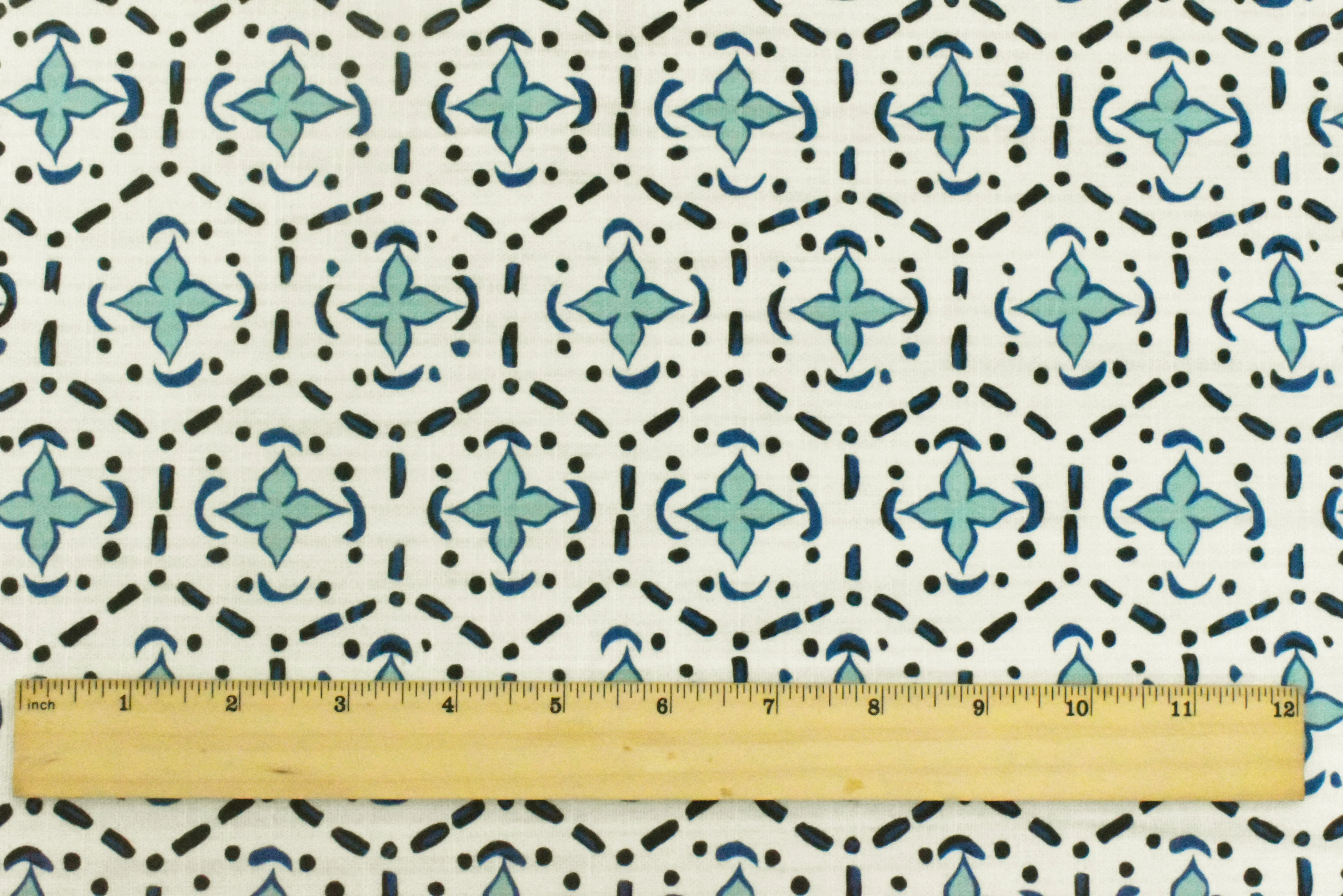 Aqua Teal-Blue Abstract Tile Printed Slub Woven Decorating Fabric