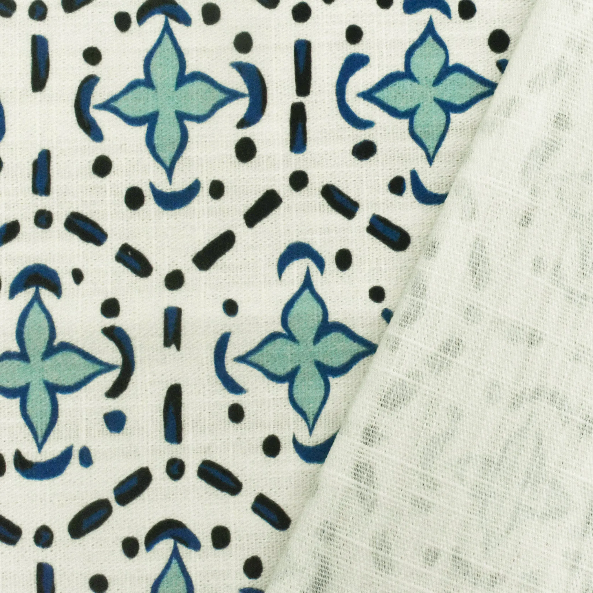Aqua Teal-Blue Abstract Tile Printed Slub Woven Decorating Fabric