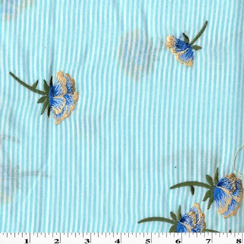 Aqua Teal/Multi Floral Embroidered Stripe Shirting Fabric