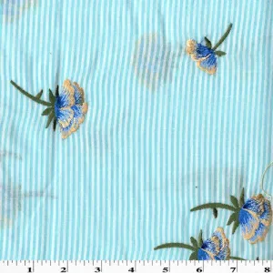 Aqua Teal/Multi Floral Embroidered Stripe Shirting Fabric