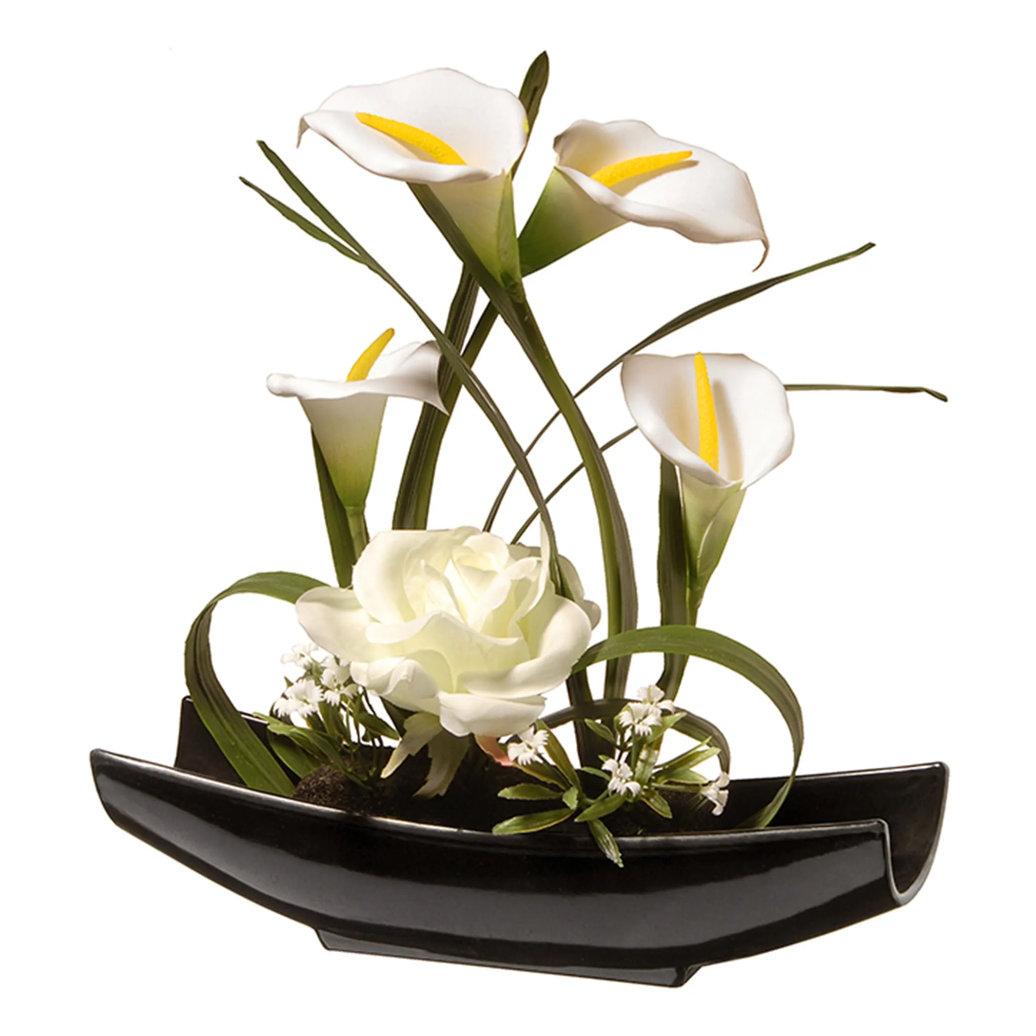 Artificial Potted Flowers, White Lilies and Roses, Includes White Base, Spring Collection, 11 Inches