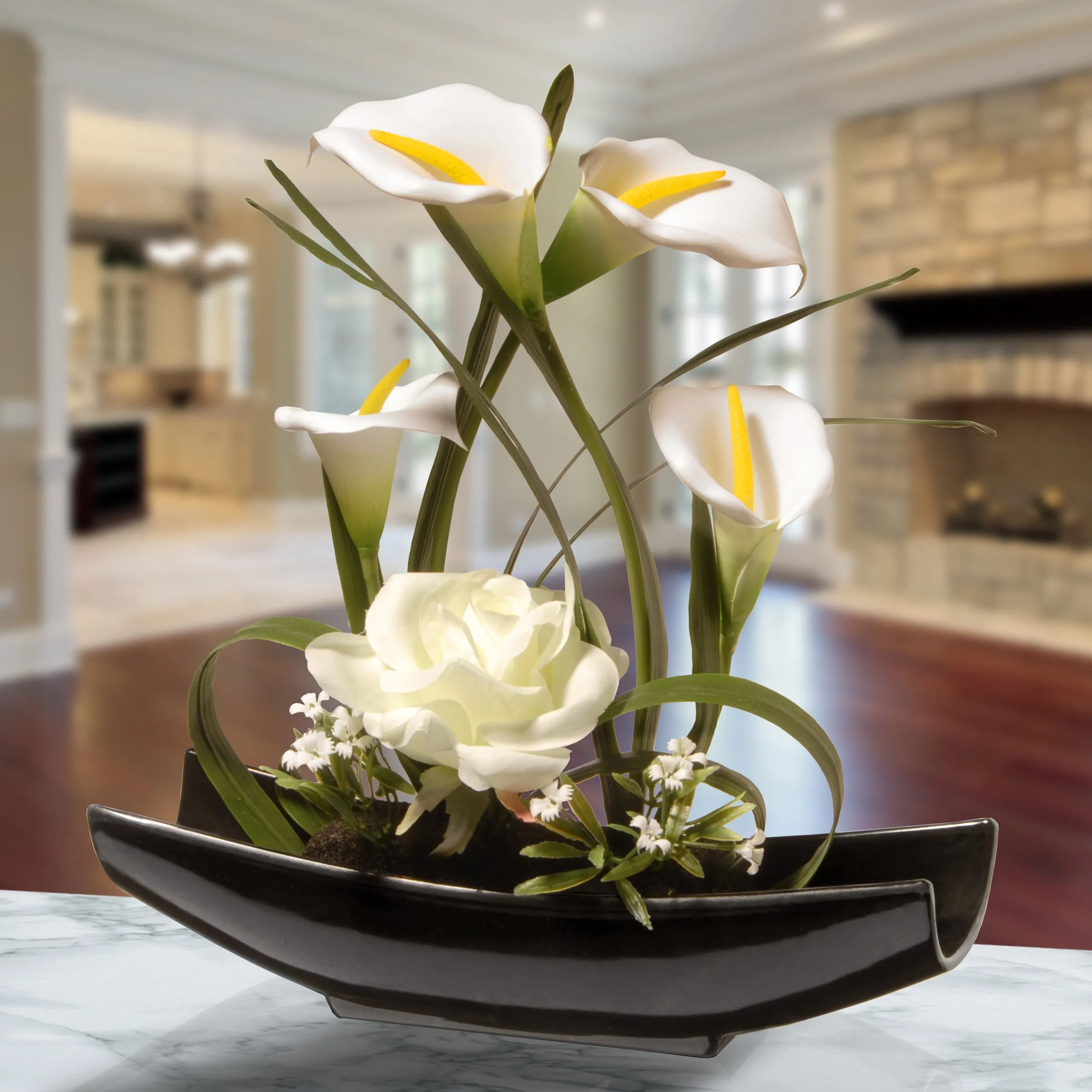Artificial Potted Flowers, White Lilies and Roses, Includes White Base, Spring Collection, 11 Inches