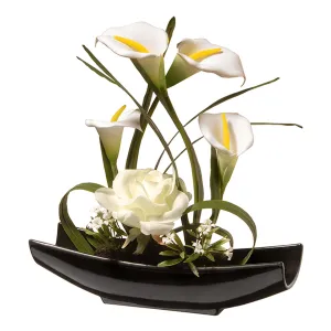 Artificial Potted Flowers, White Lilies and Roses, Includes White Base, Spring Collection, 11 Inches