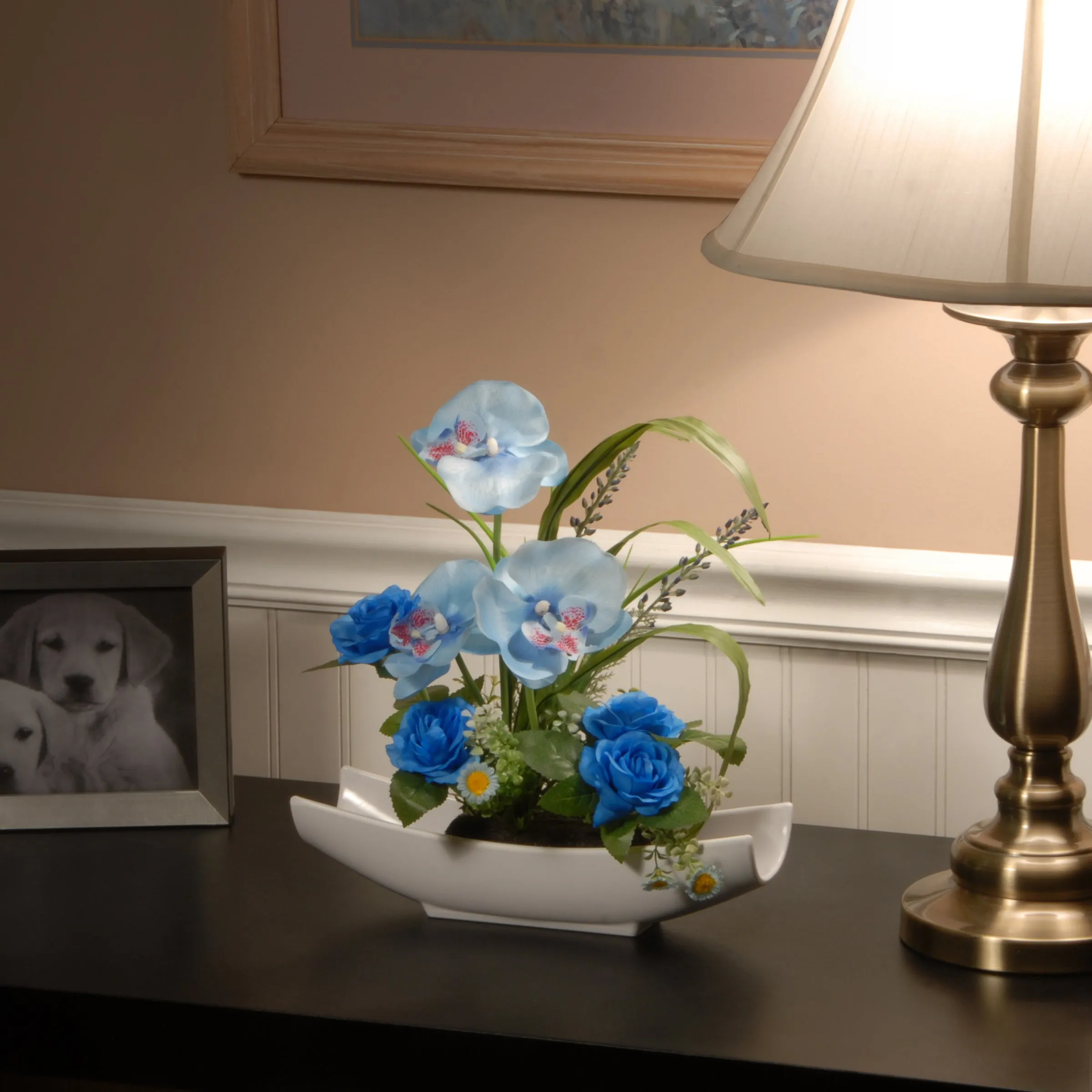 Artificial Potted Flowers, White Orchid, Decorated with Blue Roses, Leafy Greens, Includes White Base, Spring Collection, 15 Inches