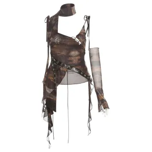 Asymmetrical Mesh Lace-Up Top