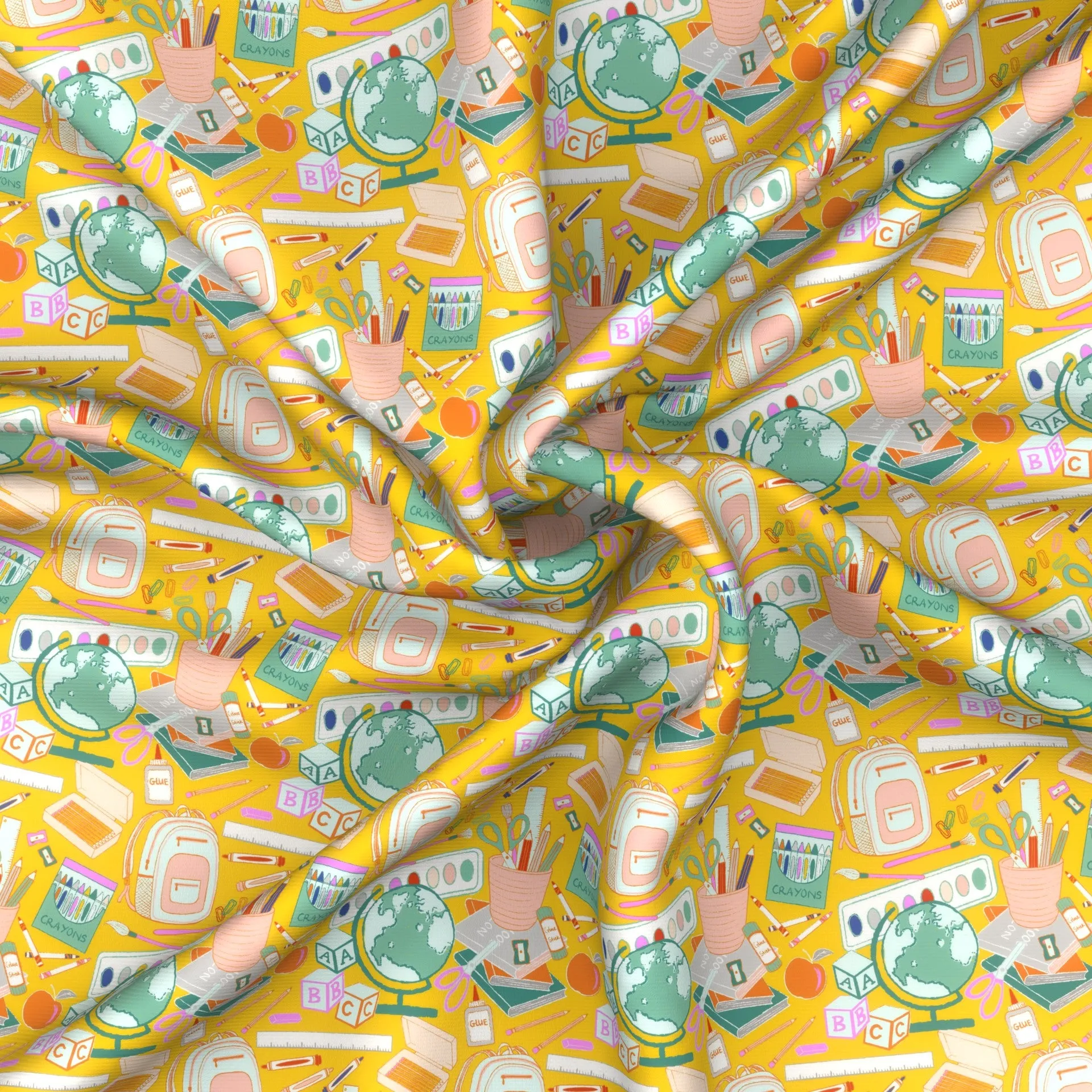 Back to school, classroom supplies, teacher's life, art supplies, fund and cheerful color, yellow background