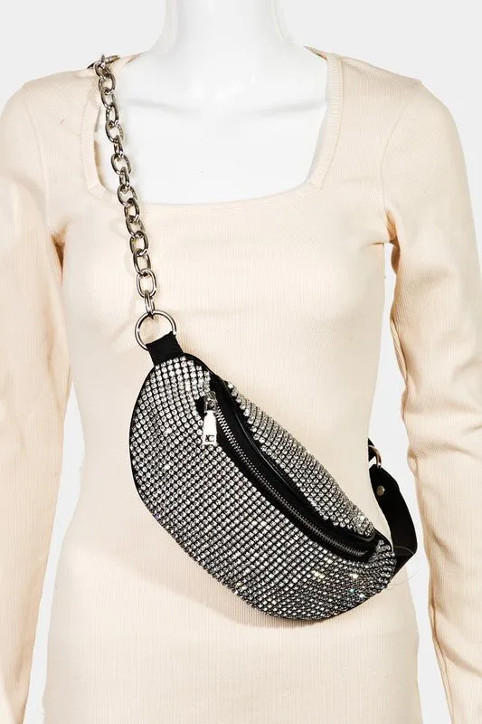 Black Vegan Leather Pavé Rhinestone Crossbody Bag