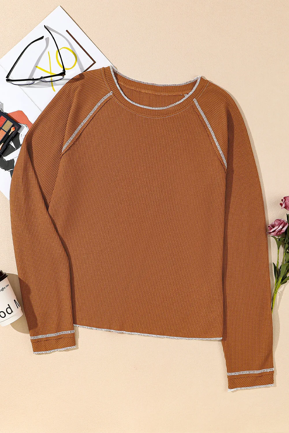 Chestnut Exposed Seam Detail Plus Size Textured Top
