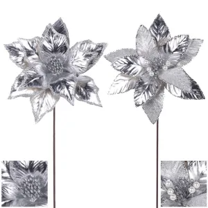 Christmas Artificial Flower Platinum Silver Poinsettia 45cm