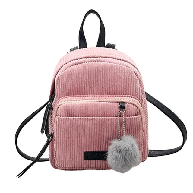 Cute Corduroy Backpack with Pompom Ball