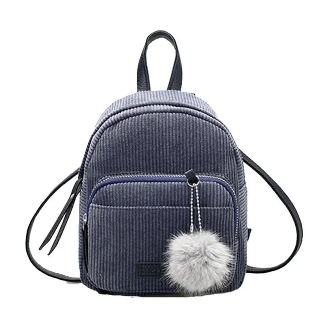 Cute Corduroy Backpack with Pompom Ball