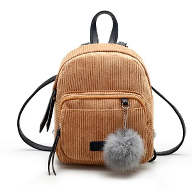 Cute Corduroy Backpack with Pompom Ball