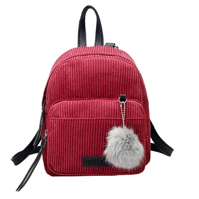 Cute Corduroy Backpack with Pompom Ball