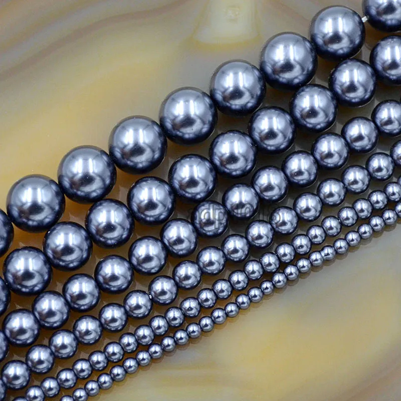 Czech Dark Grey Satin Luster Glass Pearl Round Beads on a 15.5" Strand