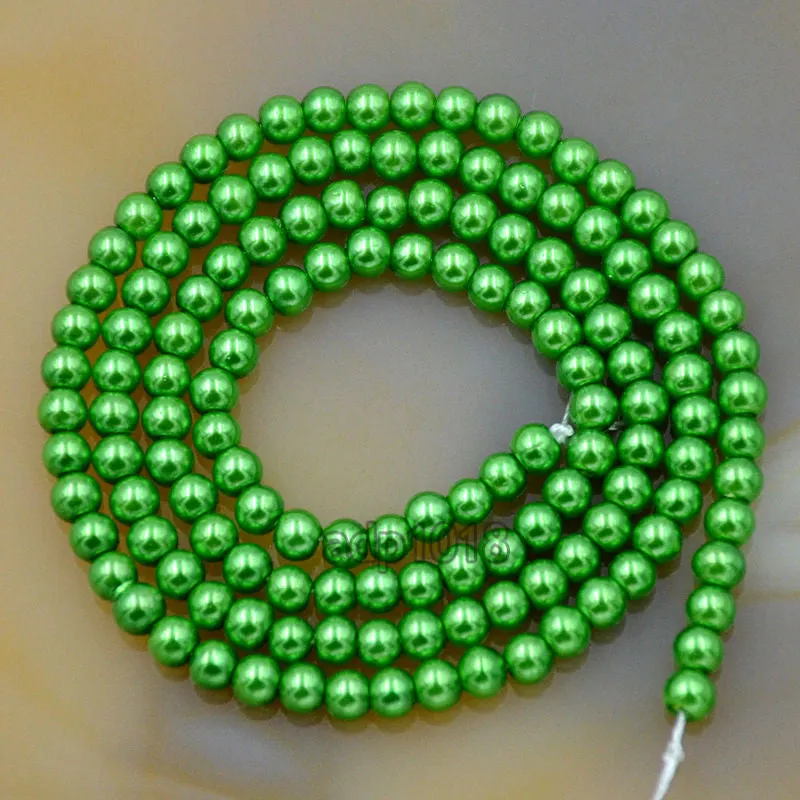 Czech Green Satin Luster Glass Pearl Round Beads on a 15.5" Strand