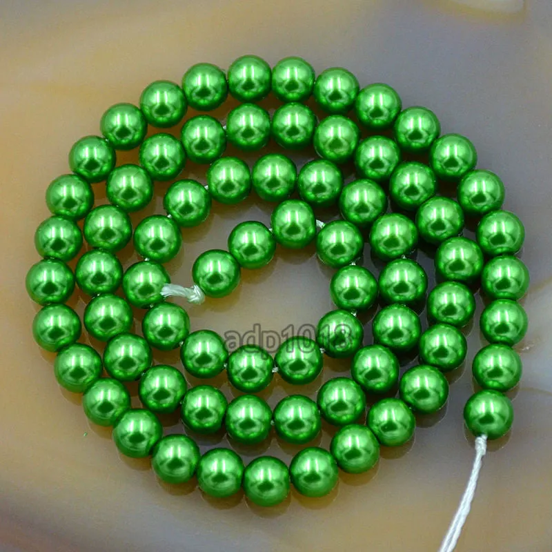 Czech Green Satin Luster Glass Pearl Round Beads on a 15.5" Strand