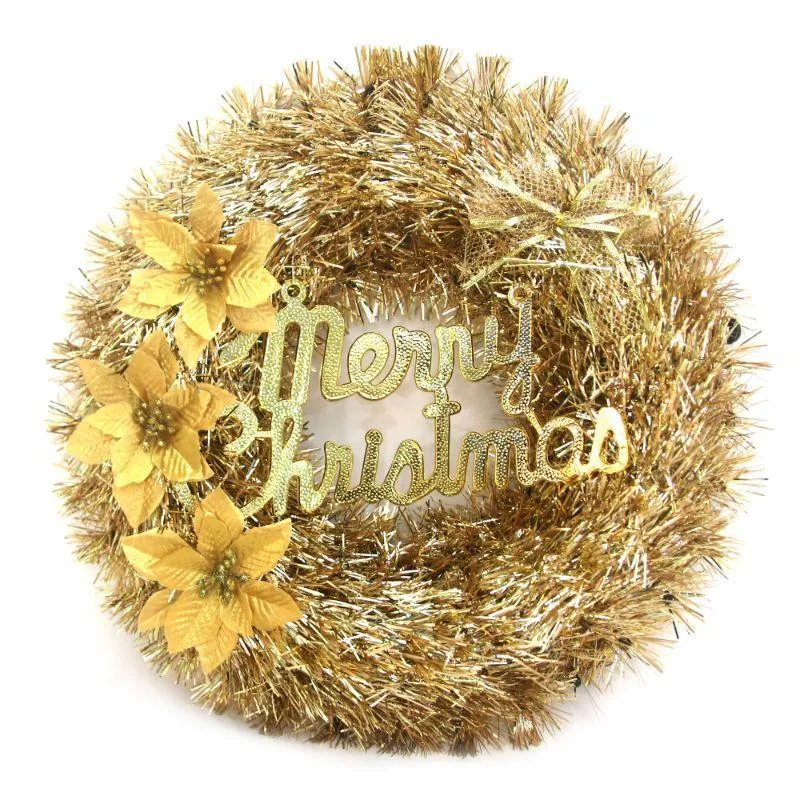Deluxe Gold Tinsel Wreath with Merry Christmas Sign