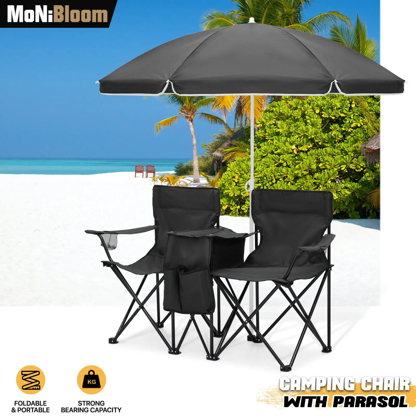 Double Chair With Umbrella - Steel Tube - Oxford Fabric