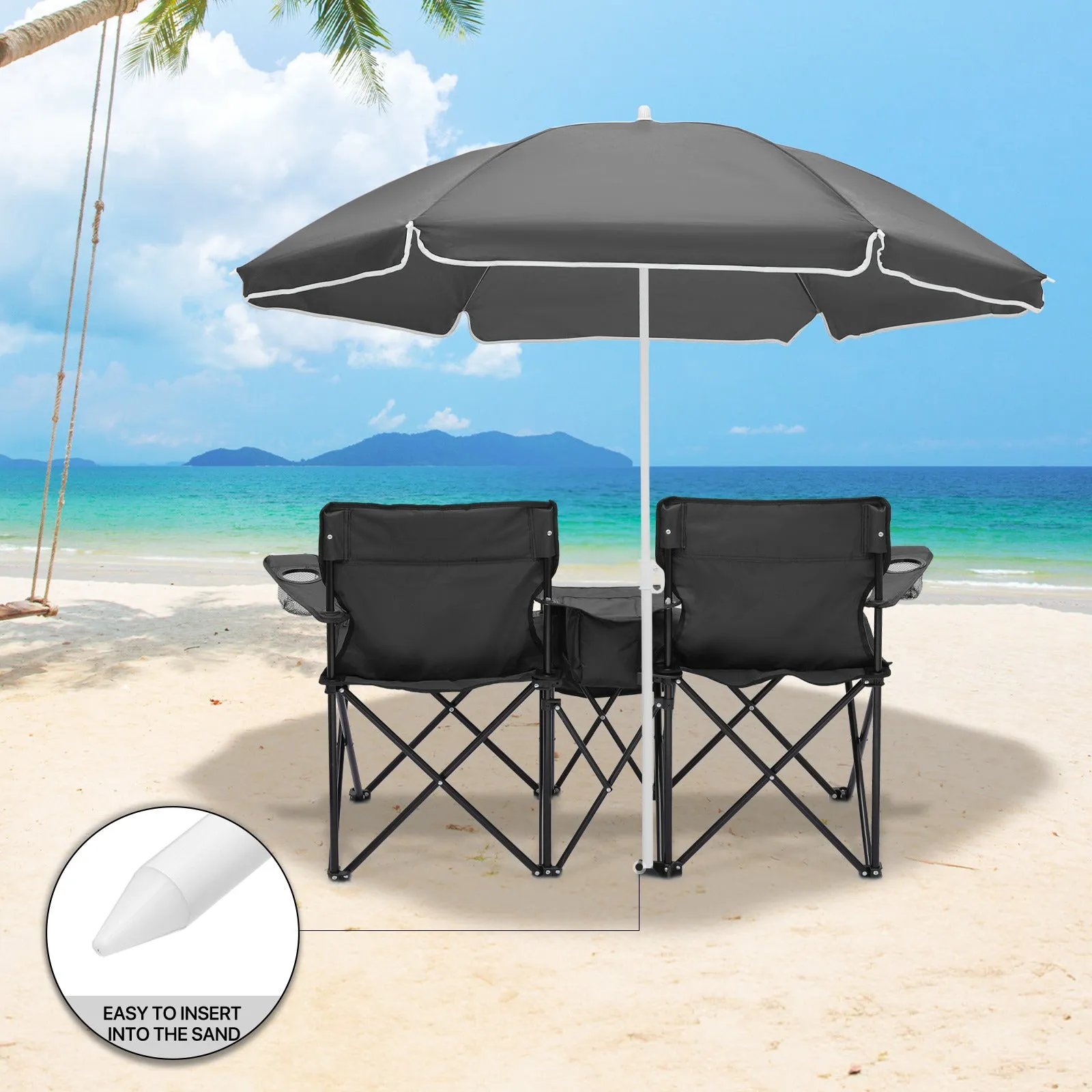 Double Chair With Umbrella - Steel Tube - Oxford Fabric