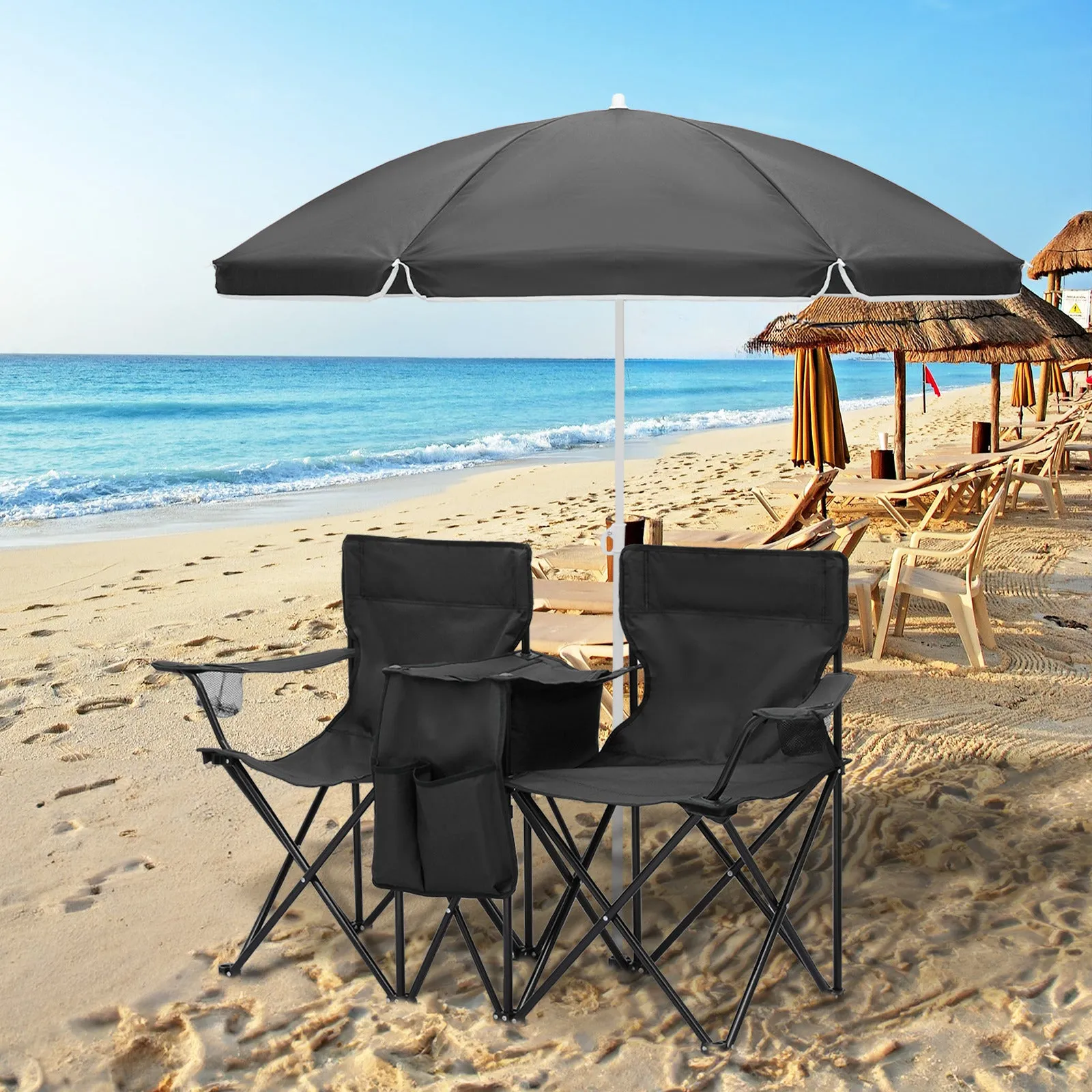 Double Chair With Umbrella - Steel Tube - Oxford Fabric