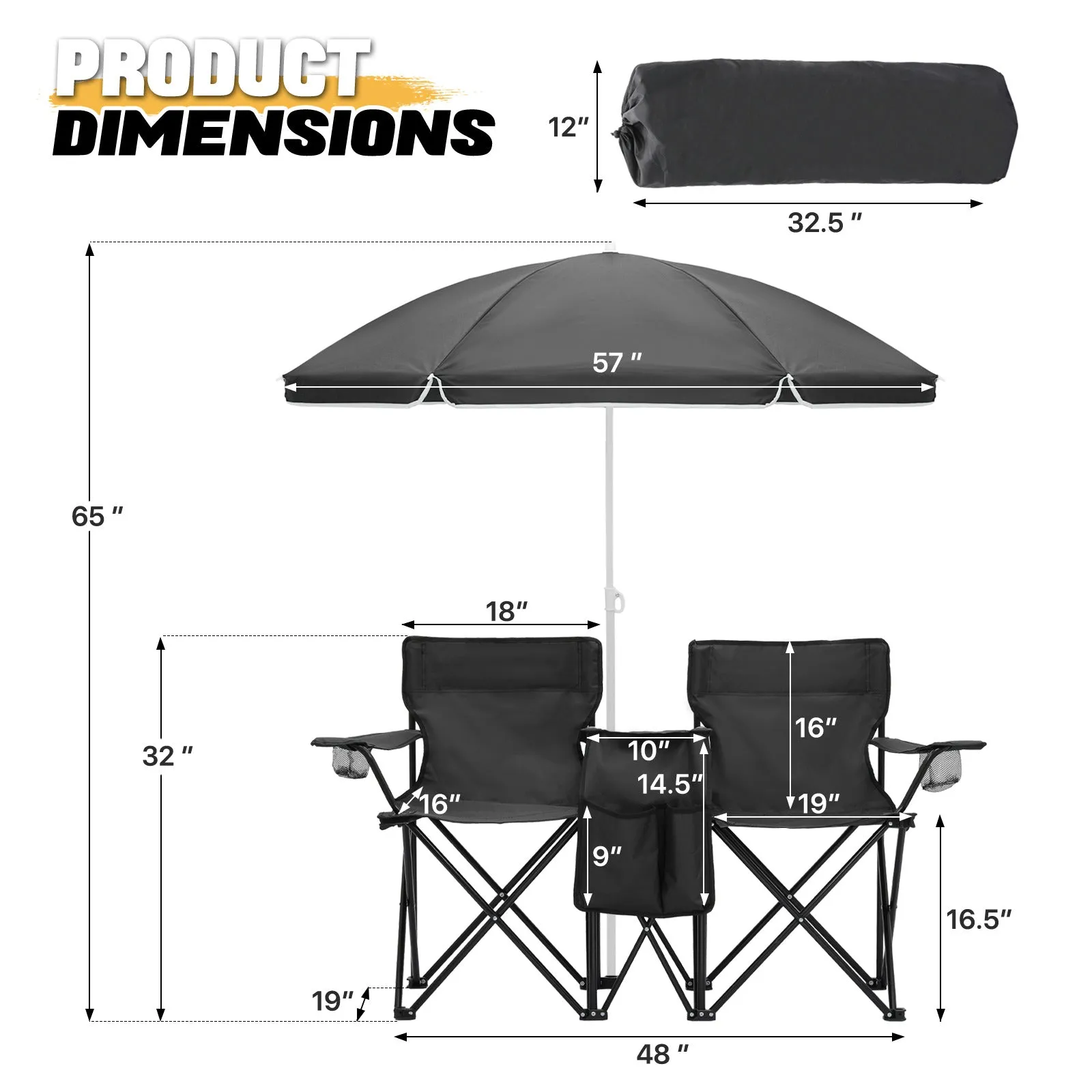 Double Chair With Umbrella - Steel Tube - Oxford Fabric