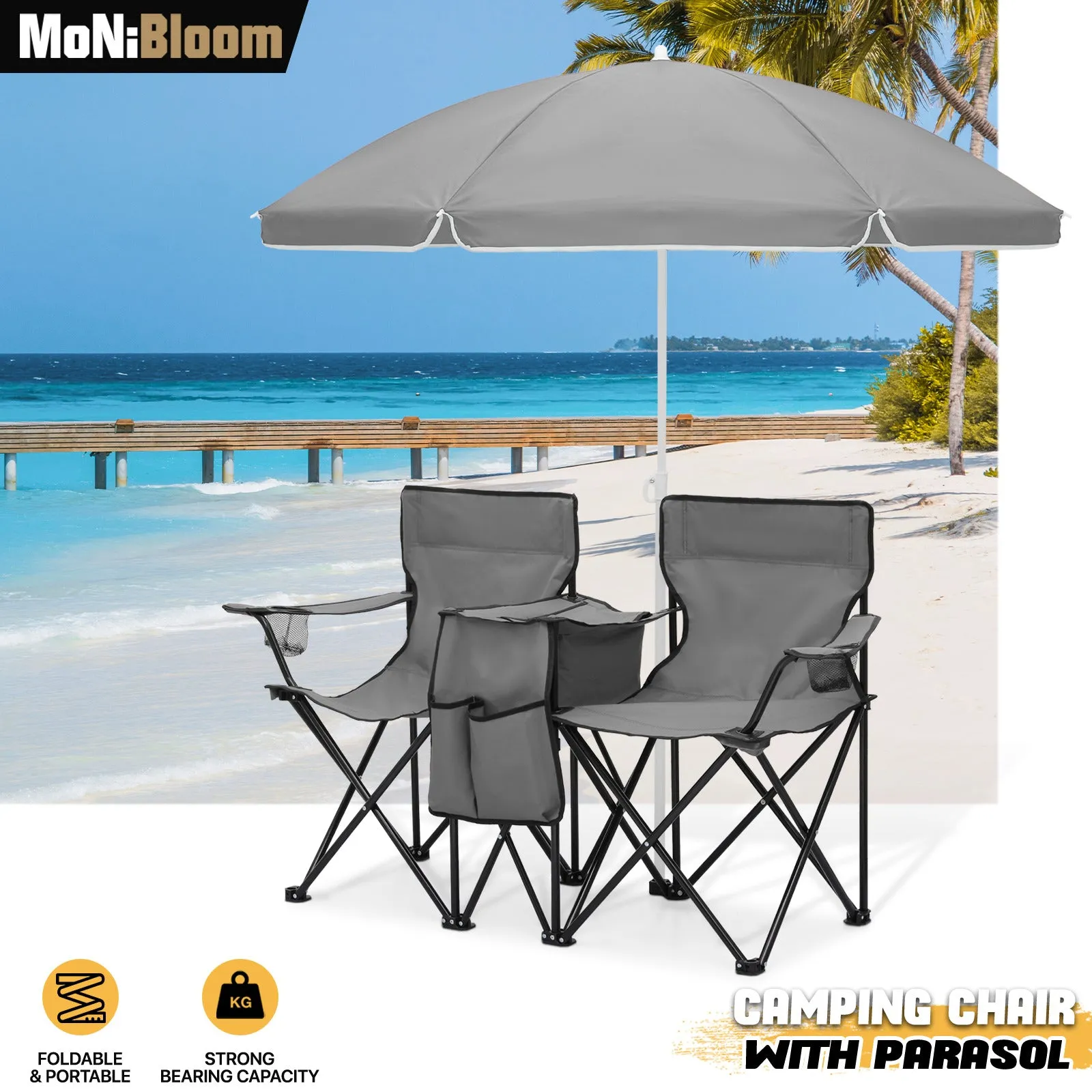 Double Chair With Umbrella - Steel Tube - Oxford Fabric