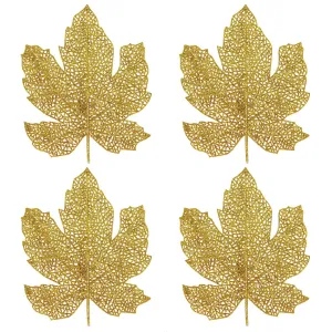 Gold Glittered Autumn Fall Leaf Decorations - 17cm - Pack of 4