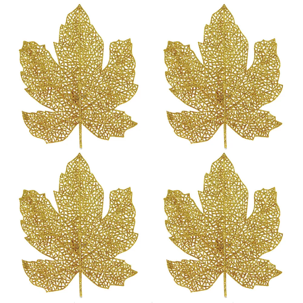 Gold Glittered Autumn Fall Leaf Decorations - 17cm - Pack of 4