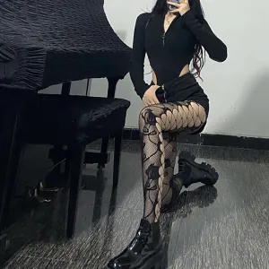Gothic Dark Long Sexy Fishnet Stockings Women Harajuku Emo Alternative Mesh Tights Lingerie Skin Thigh High Garters Hosiery