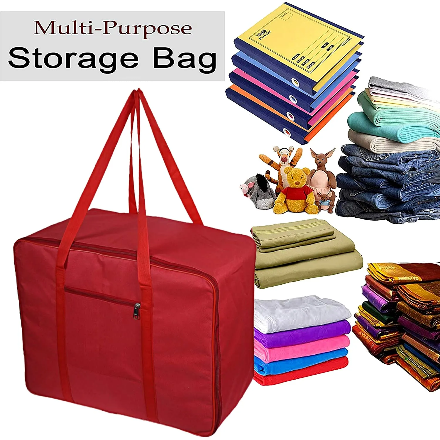 Heart Home Lightweight Foldable Multipurpose Storage bag, Cloth Organiser, Travel Bag With Zippered Closure And Handle- Pack of 2 (Red)-HS43HEARTH26642