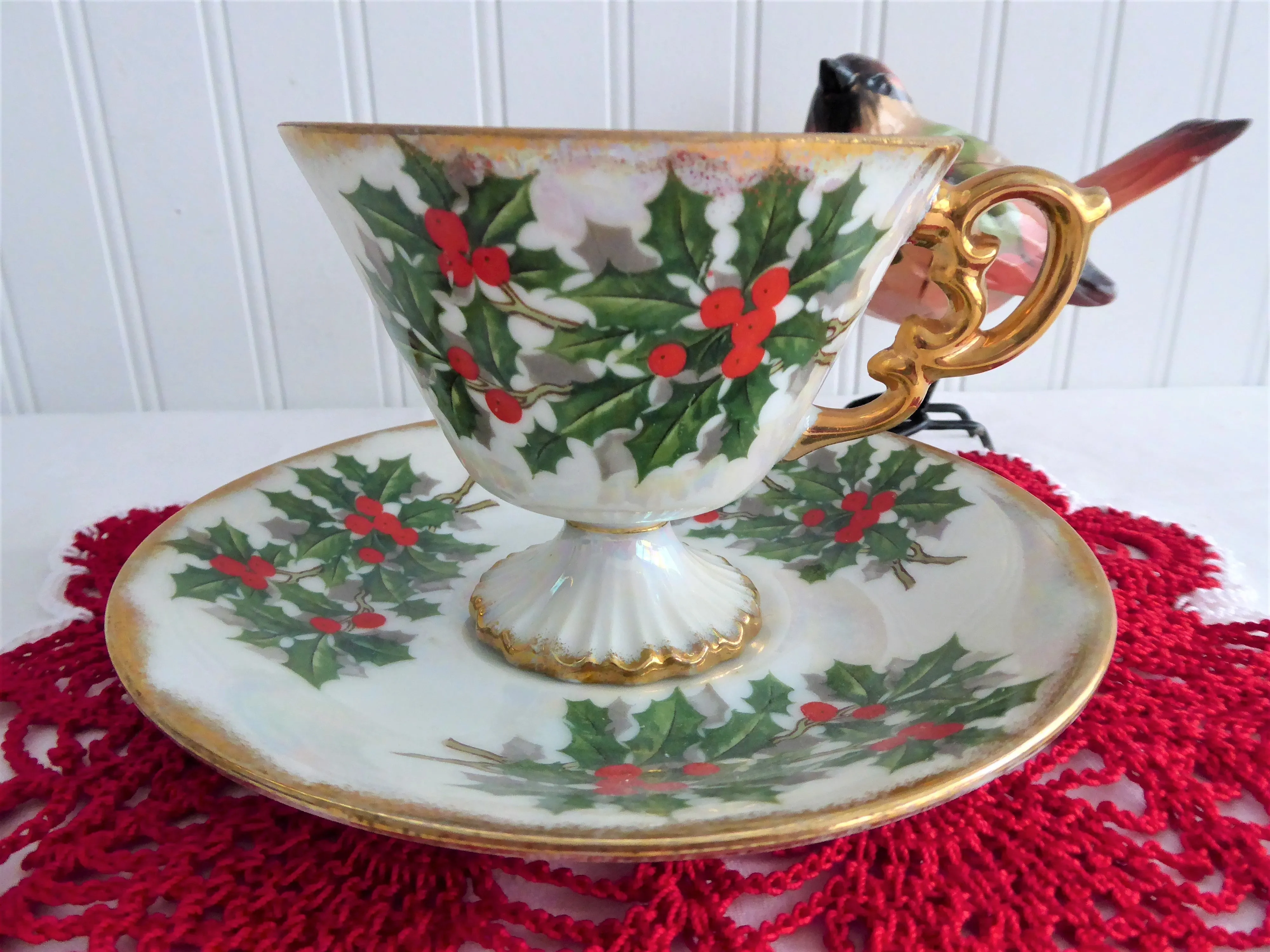 Holly Cup And Saucer Japanese Luster December 1950s Norcrest Vintage Christmas
