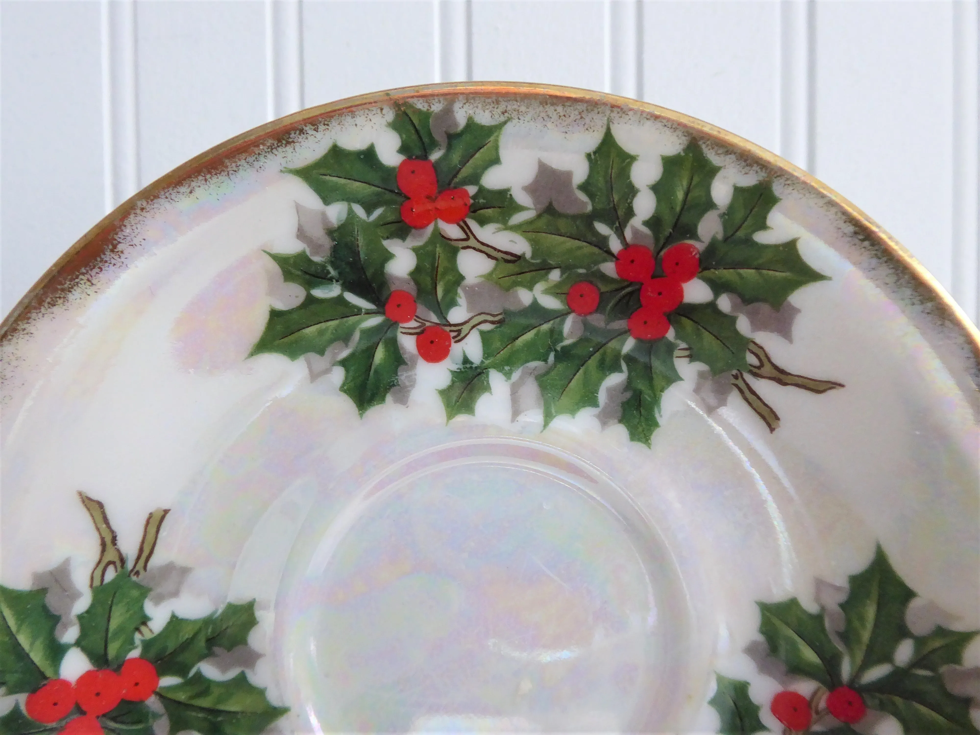 Holly Cup And Saucer Japanese Luster December 1950s Norcrest Vintage Christmas